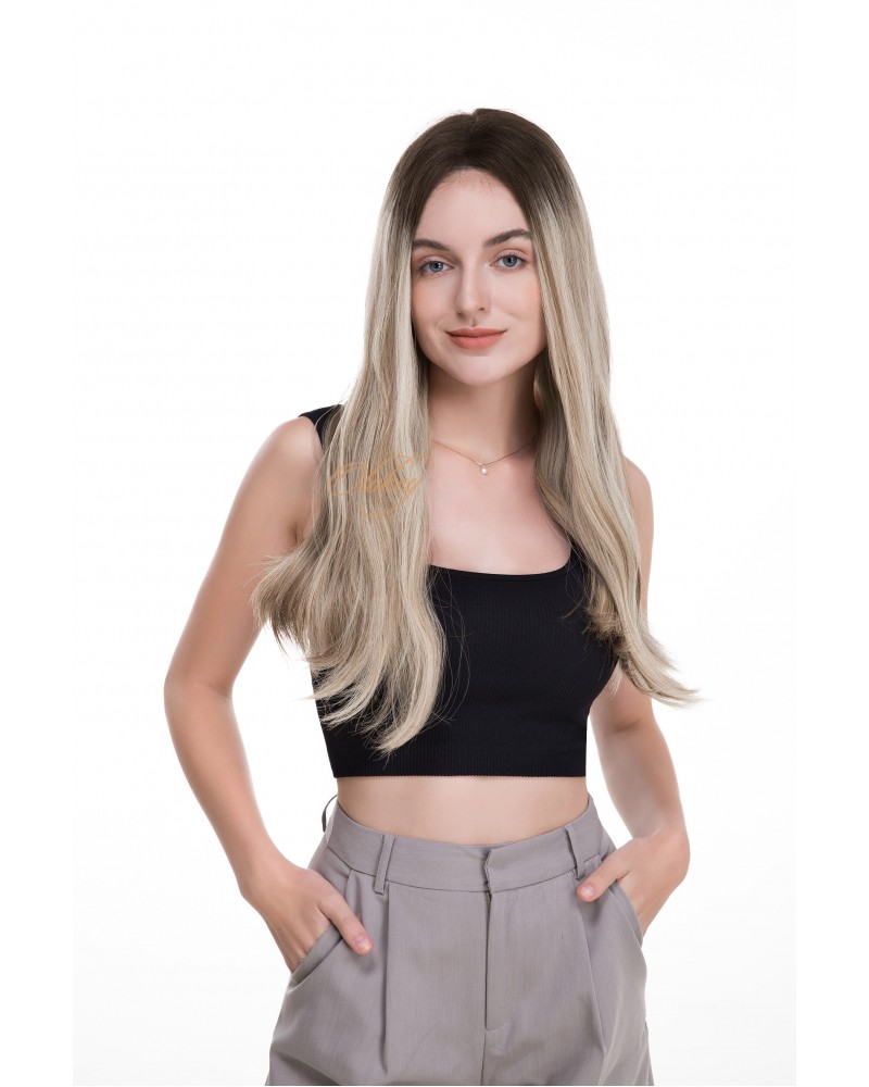 22" Ready-to-Ship Lace Top Balayage Ash Rooted Champagne Blonde Wig – Kosher Luxury Balayage Ash Rooted Champagne Blonde Lace Top Wig, No Layer, Virgin Brazilian Hair, Ready-to-Ship, 22 Inch