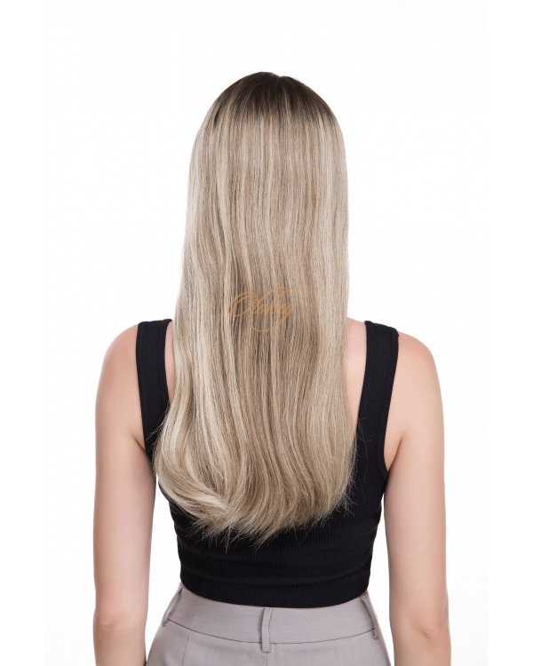 22" Ready-to-Ship Lace Top Balayage Ash Rooted Champagne Blonde Brazilian Hair Wig 