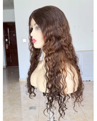 24 Inch Curly Virgin Human Hair Wig D4/6-8# Brown Color | Swiss Lace Top | OlokeyWigs