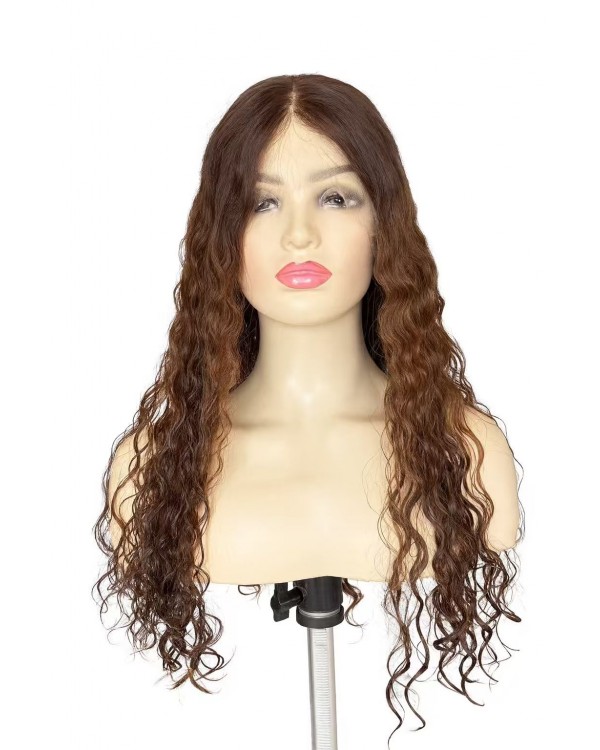 24 Inch Curly Virgin Human Hair Wig D4/6-8# Brown Color | Swiss Lace Top | OlokeyWigs