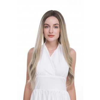 24" Balayage Smoky Ash with Champagne Lights Lace Top Wig – Virgin Brazilian Hair, Ear-to-Ear Lace, Mini Tiny Layer, Kosher Certified
