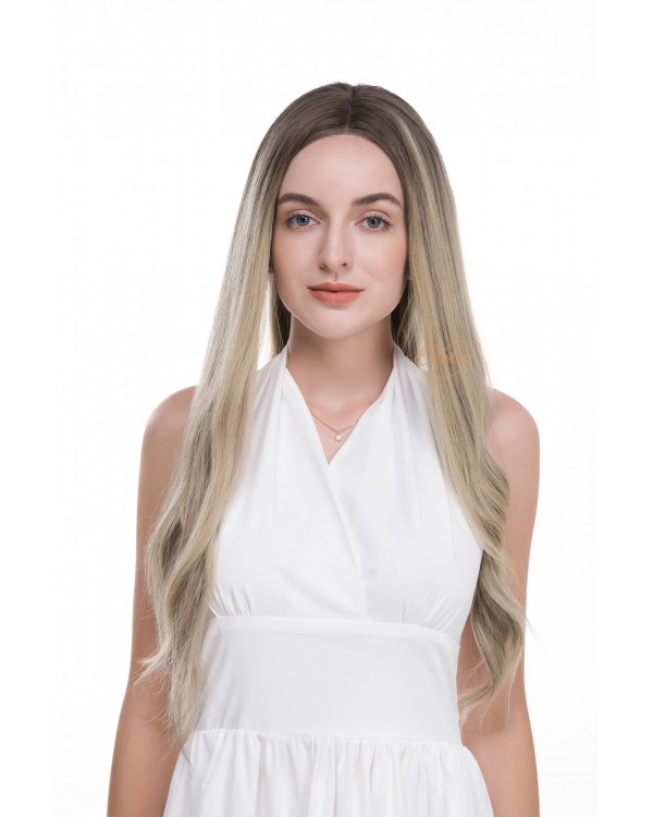 24" Balayage Smoky Ash & Champagne Lights Virgin Brazilian Hair Luxury Lace Top Wig 