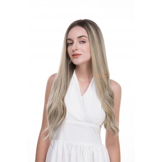 24" Balayage Smoky Ash with Champagne Lights Lace Top Wig – Virgin Brazilian Hair, Ear-to-Ear Lace, Mini Tiny Layer, Kosher Certified