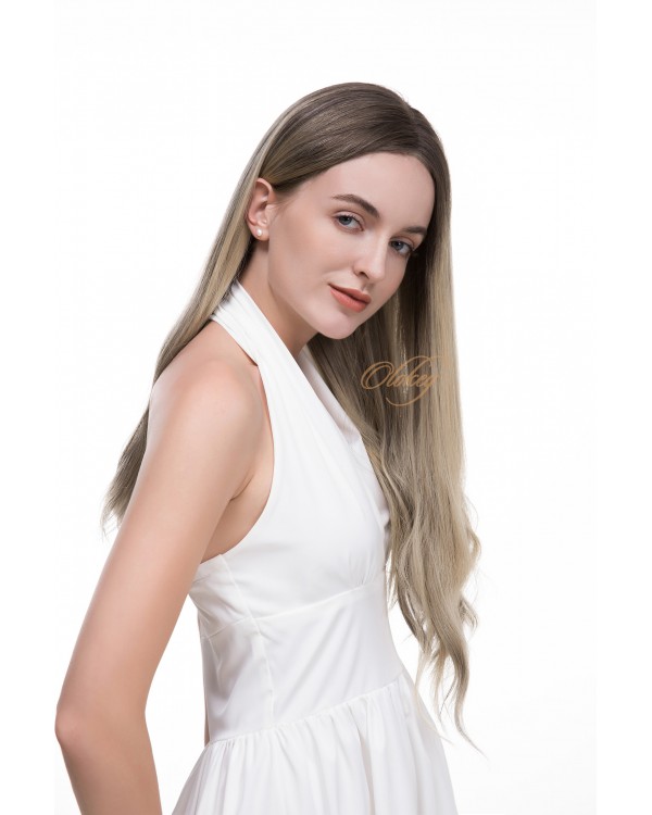 24" Balayage Smoky Ash & Champagne Lights Virgin Brazilian Hair Luxury Lace Top Wig 