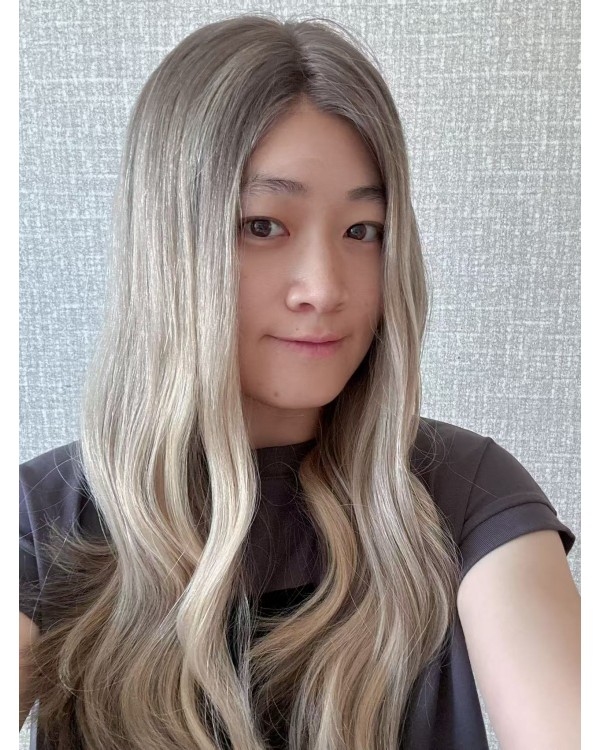 22" Balayage Smoky Ash & Champagne Lights Virgin Brazilian Hair Luxury Lace Top Wig 