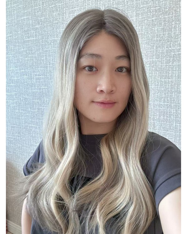 22" Balayage Smoky Ash & Champagne Lights Virgin Brazilian Hair Luxury Lace Top Wig 