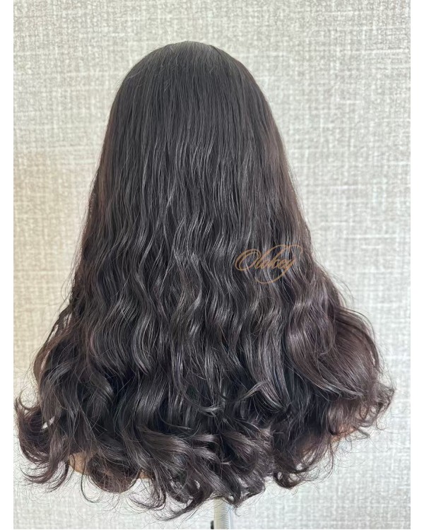 20" Luxury Natural Soft Darker Brown Virgin Brazilian Hair Waves Lace Top Wig 