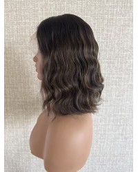 Luxury 14" Short Brazilian Wave Wig – Darker Brown with Accents 14 inch short lace top Brazilian wave wig darker brown #2 with #8 accents