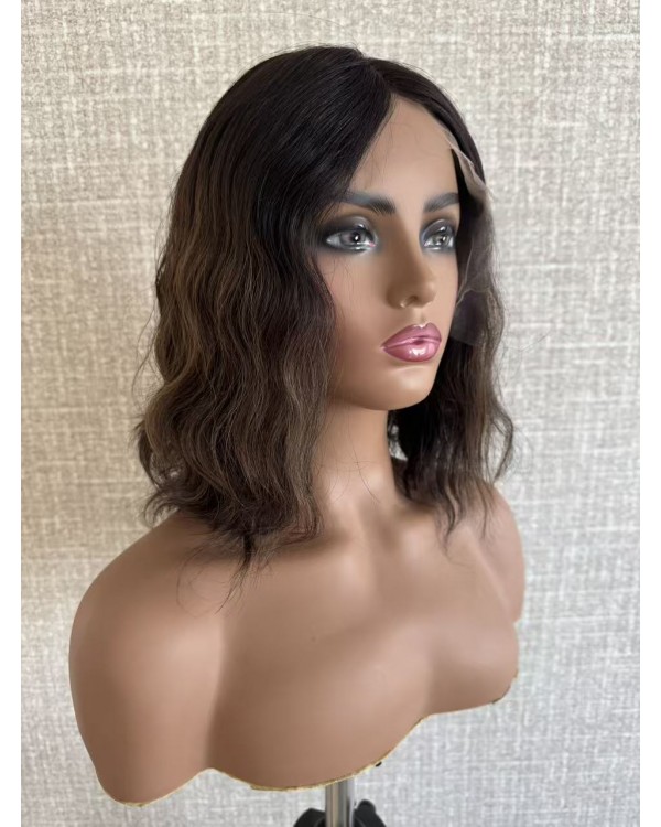 14" Short Lace Top Brazilian Wave Hair Wig – Darker Brown #2 with #8 Accents (70% Blend)