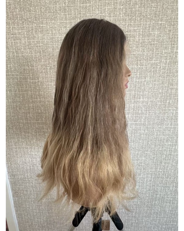 20" Lace Top Balayage Ombre Blonde & Smoky Beige Melt Wave Hair Kosher Wig