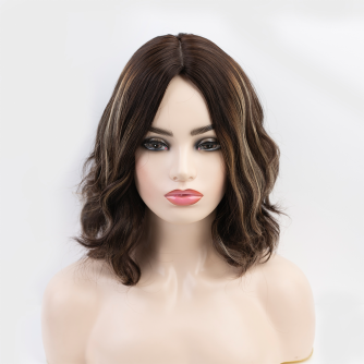 12" Silk Top Wig – Brazilian Wave Hair, Chocolate Caramel Lights, 4x4 Silk Top with Wefted Back Cap
