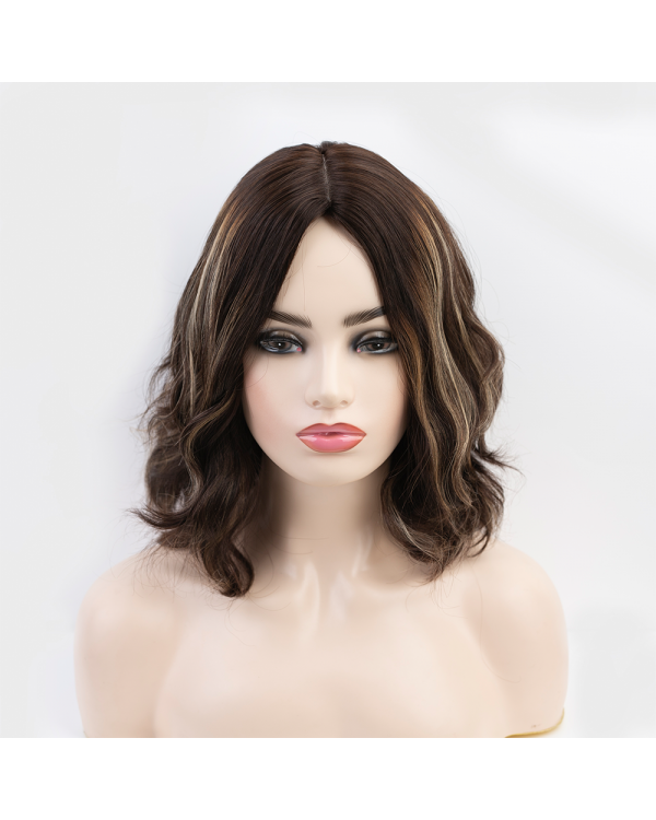 12" Silk Top Wig – Brazilian Wave Hair, Chocolate Caramel Lights, 4x4 Silk Top with Wefted Back Cap