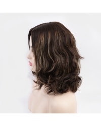 Short Length Luxury Silk Top Wig – Brazilian Wave Hair in Warm Chocolate Caramel Highlights