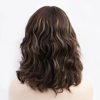 12" Silk Top Wig – Brazilian Wave Hair, Chocolate Caramel Lights, 4x4 Silk Top with Wefted Back Cap