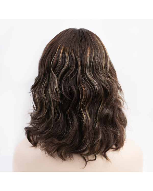 12" Silk Top Wig – Brazilian Wave Hair, Chocolate Caramel Lights, 4x4 Silk Top with Wefted Back Cap
