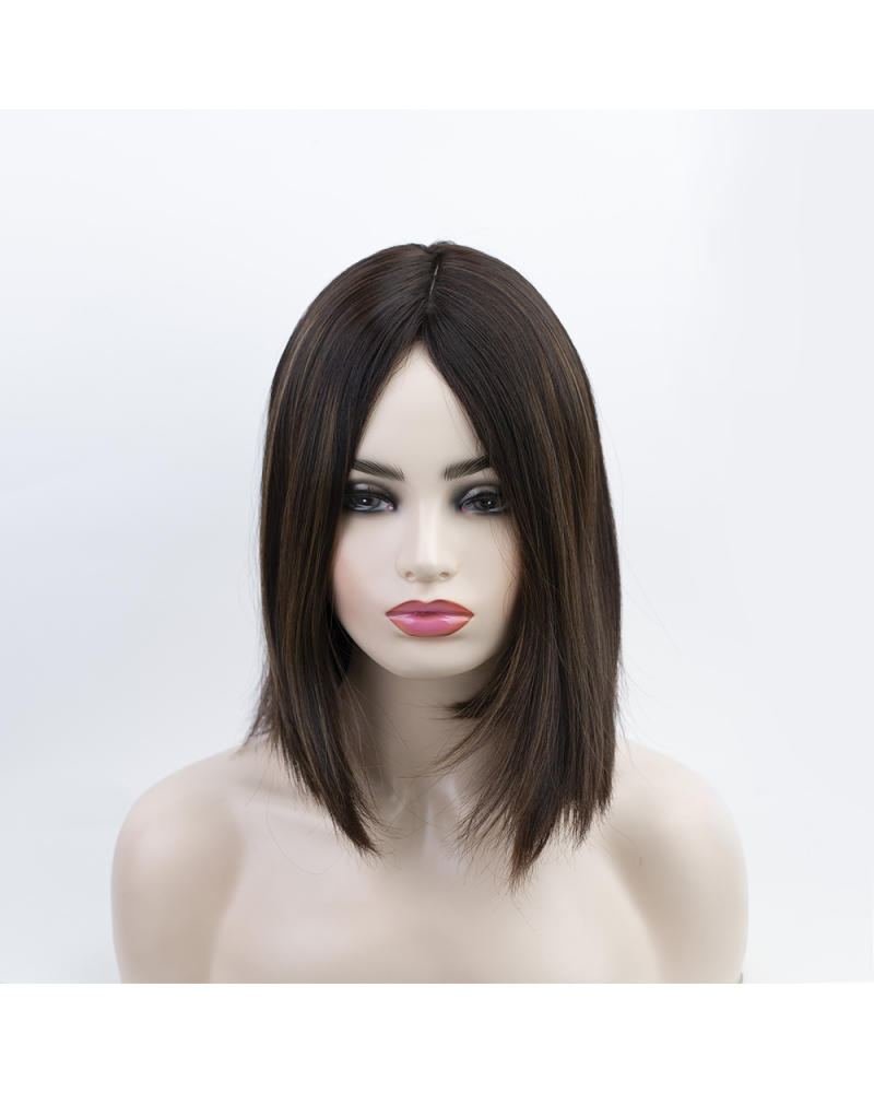 12 inch bob style dark brown with highlights silk top sheitel wig