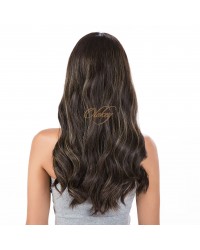 Espresso Glow Brown 22 inch silk top wig with golden highlights