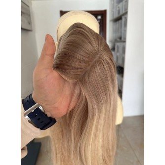 24" Balayage Ashy Blonde Silk Top Hair Topper – Virgin Brazilian Hair | Handmade 4x4 Silk Top Hair Pieces | 8x8 Cap