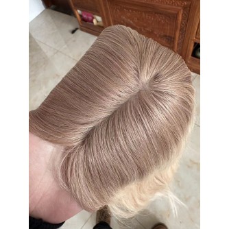 24" Balayage Ashy Blonde Silk Top Hair Topper – Virgin Brazilian Hair | Handmade 4x4 Silk Top Hair Pieces | 8x8 Cap